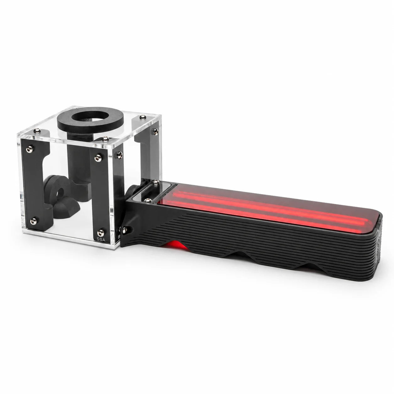 Black All-In-One Test Tube Outworld, angled front view showing the clear acrylic outworld with black support pillars connected to the ribbed test tube housing with red viewing shields