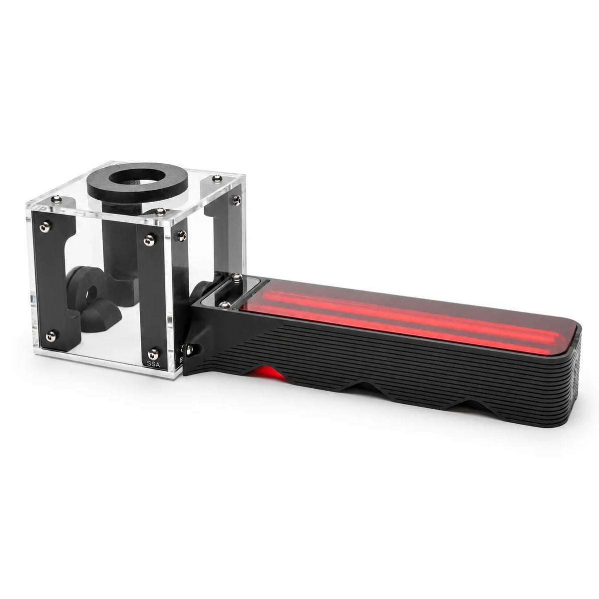 Black All-In-One Test Tube Outworld, angled front view showing the clear acrylic outworld with black support pillars connected to the ribbed test tube housing with red viewing shields