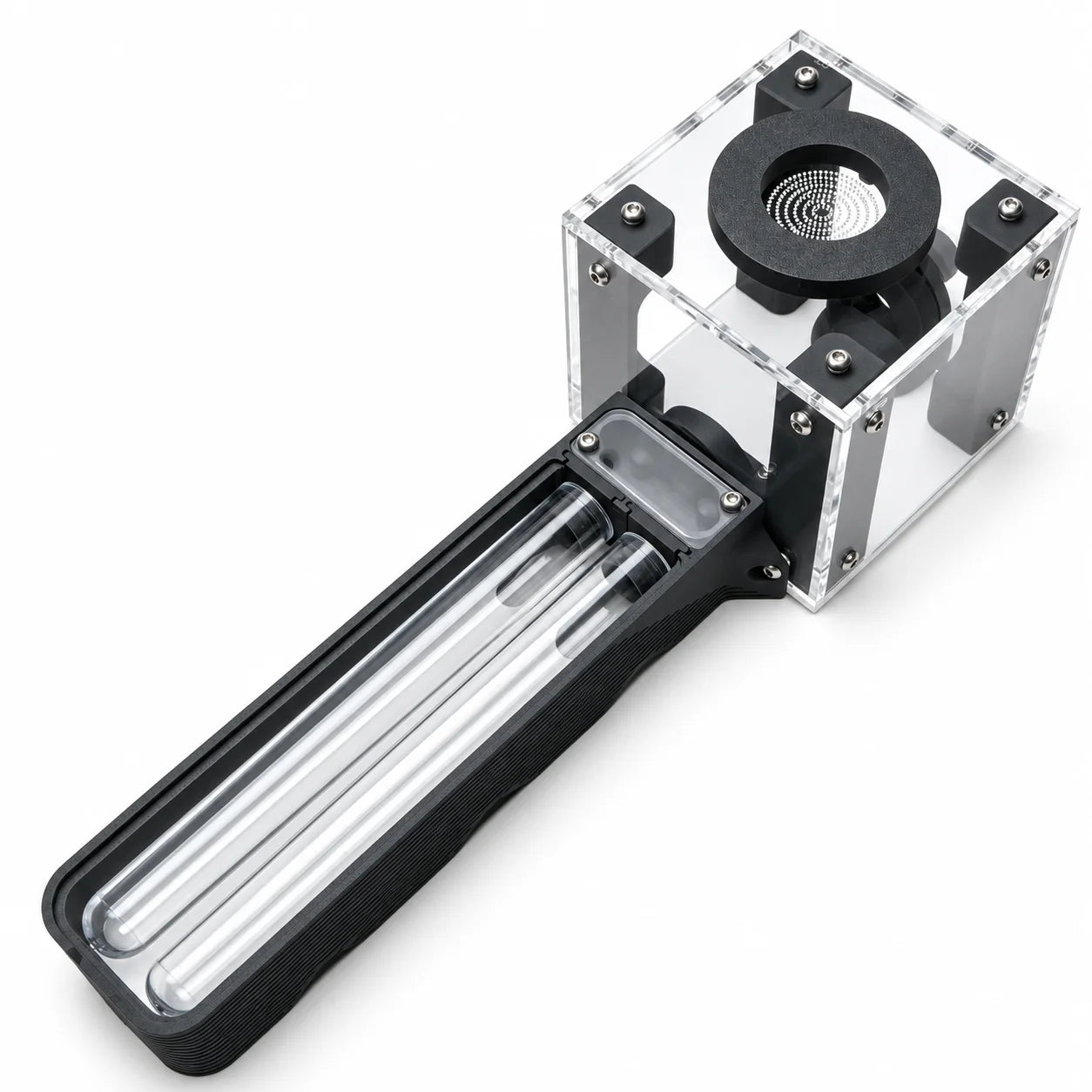 All-In-One Test Tube Outworld viewed from above, showing the round feeding port ring on the acrylic outworld and the connected test tube housing