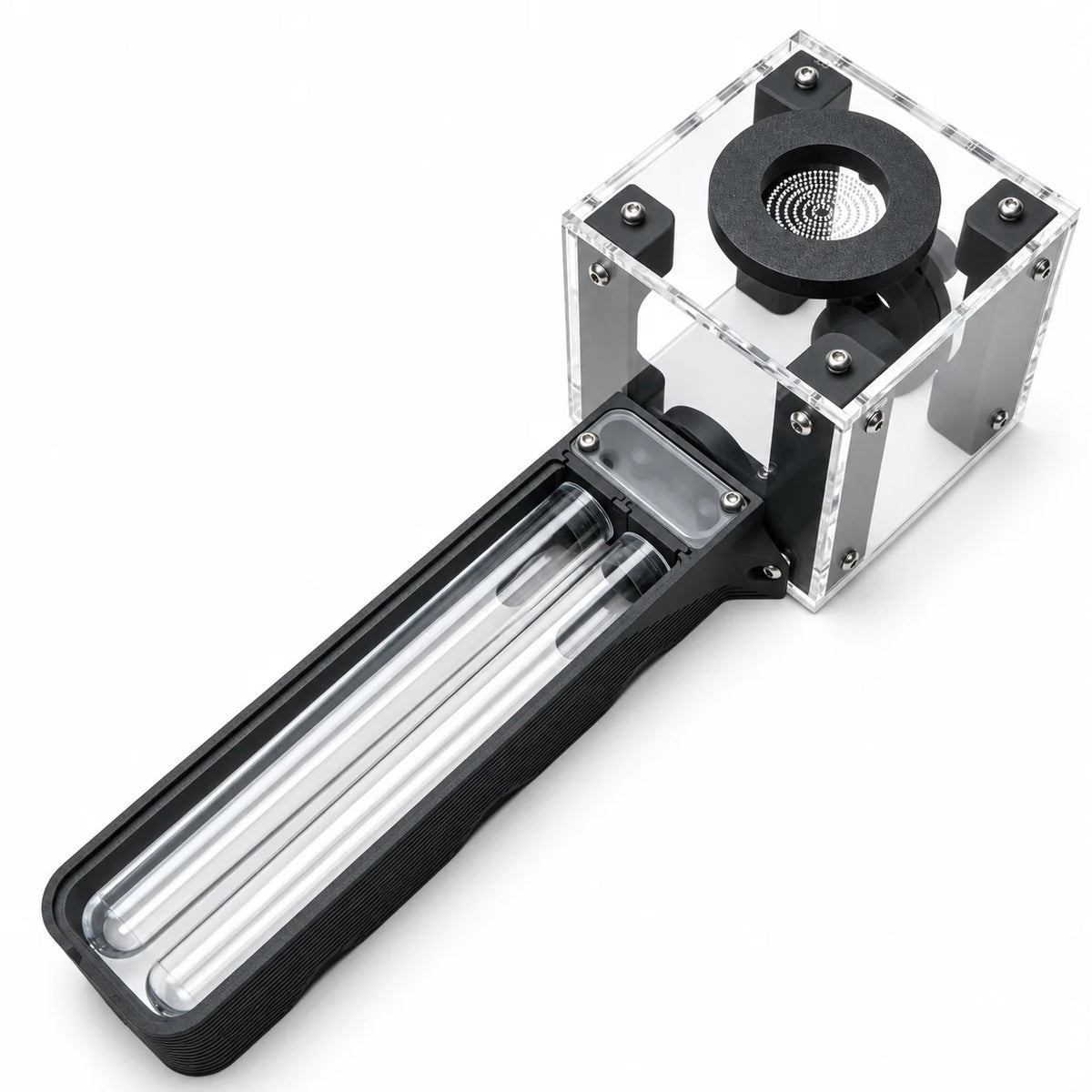 All-In-One Test Tube Outworld viewed from above, showing the round feeding port ring on the acrylic outworld and the connected test tube housing