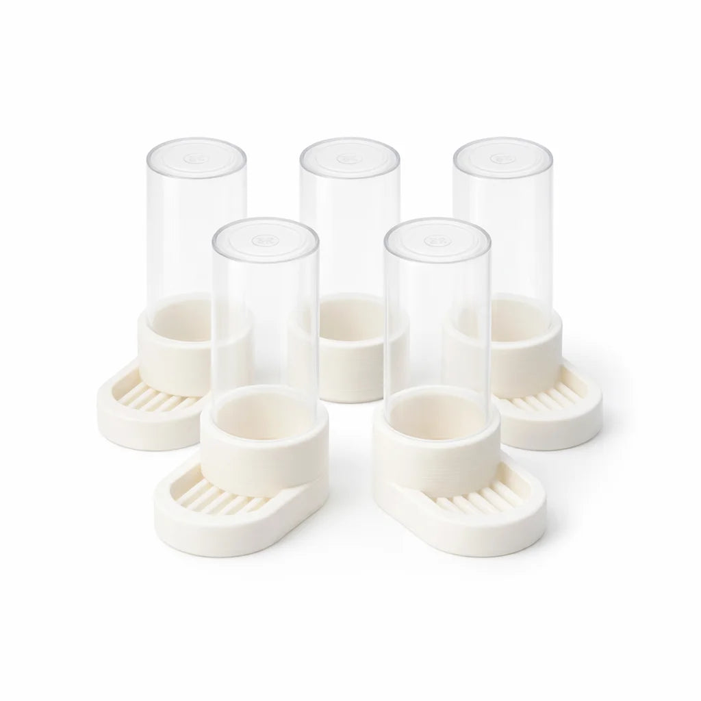 Set of 5 Single Liquid Feeders, each with a clear reservoir tube on a white slotted drinking base