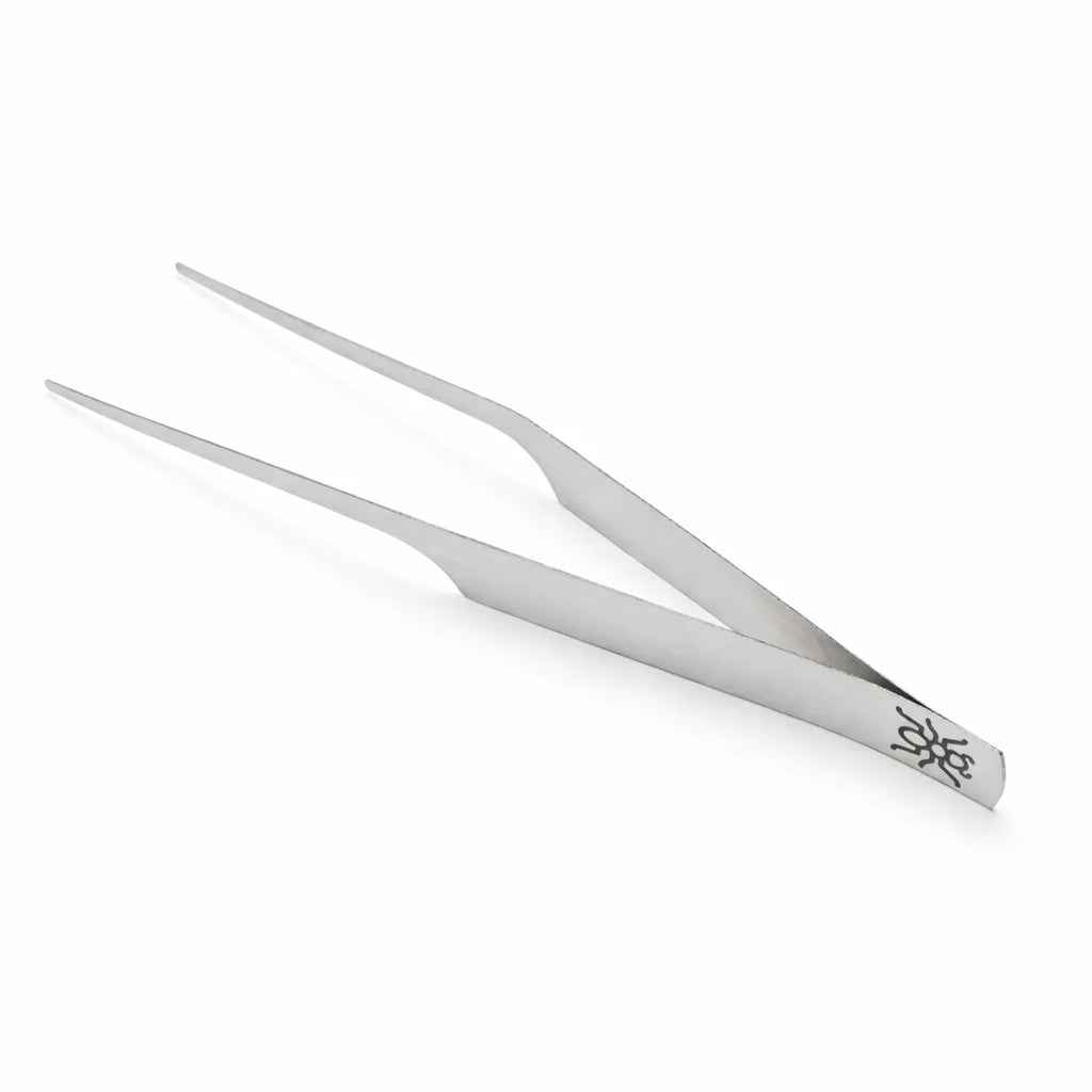 Soft Touch Tweezer 4.5 inch in stainless steel with fine pointed tips and an engraved ant logo on the handle