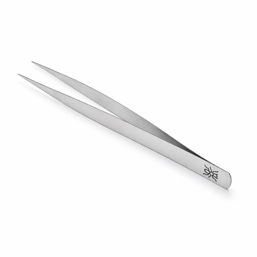 Soft Touch Tweezer 6.25 inch in stainless steel, extra-long pointed tips with an engraved ant logo on the handle