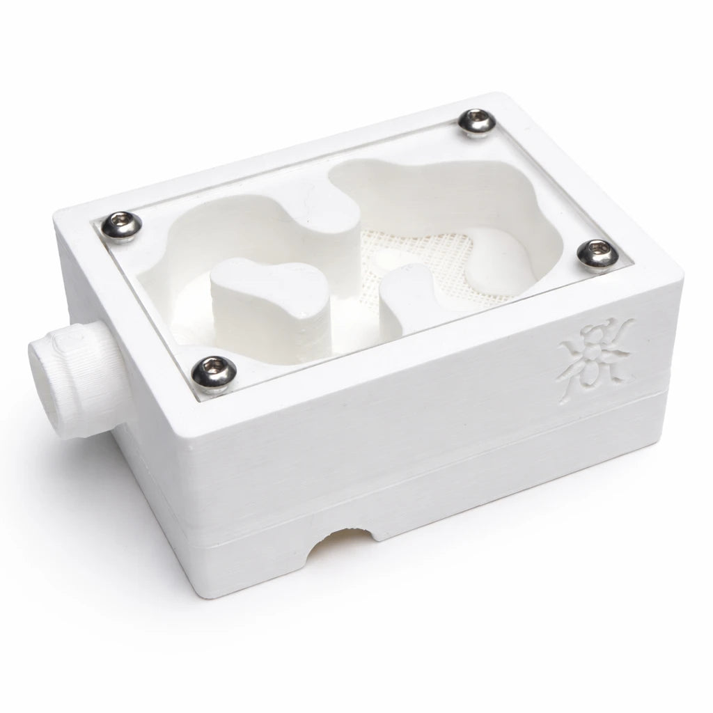 White Small Mesh Nest formicarium with clear acrylic lid showing two mesh-covered chambers and an embossed ant logo