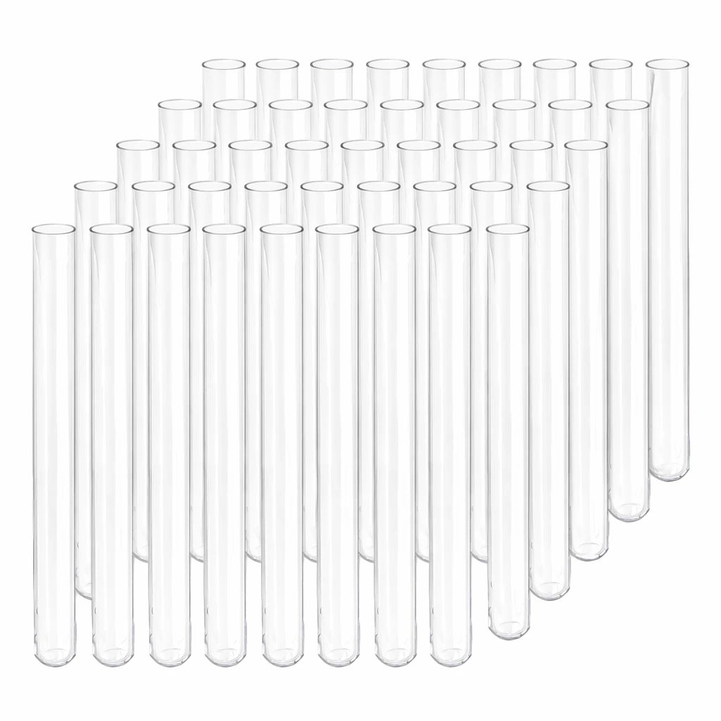Test Tubes 16 x 150 mm: rows of empty clear plastic test tubes arranged diagonally