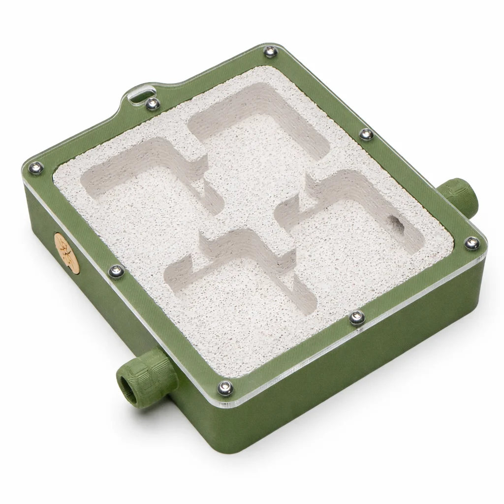 Green Medium Ytong Nest - Type B at an angle, showing the four cubed chambers carved into the Ytong stone with the Esthetic Ants badge on the side