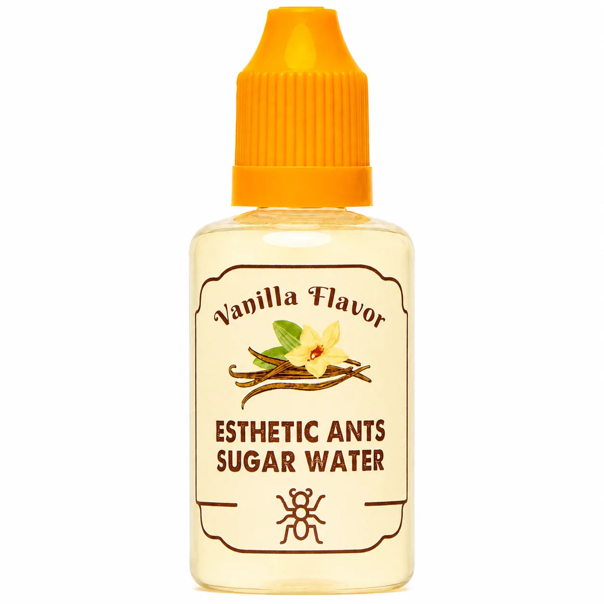 Bottle of Esthetic Ants Vanilla Flavoured Sugar Water with orange dropper cap and vanilla flower label design