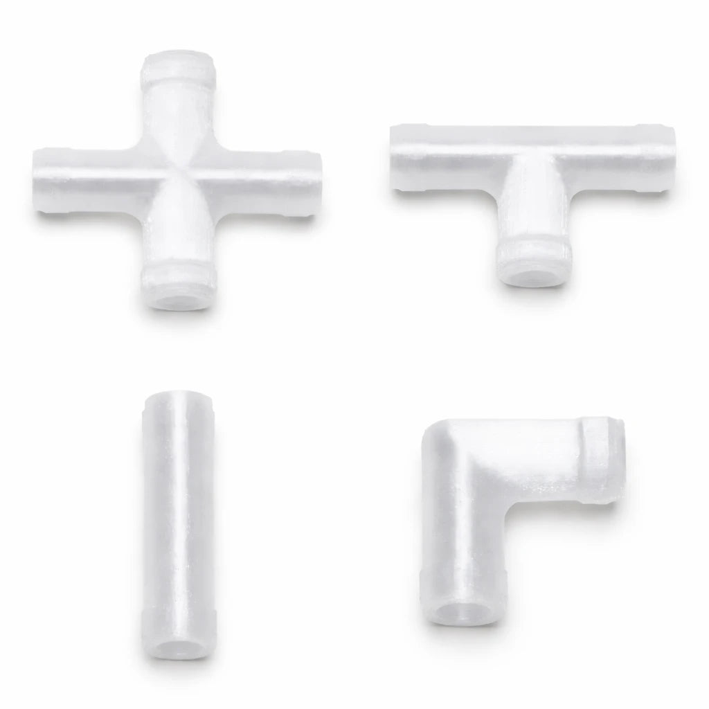 Tubing Connectors set showing the cross, T-joint, straight coupler, and elbow shapes