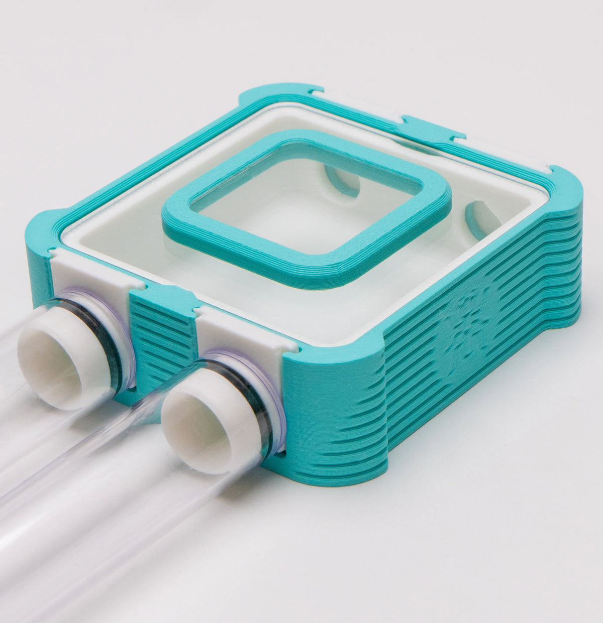 Teal Mini Outworld V2 connected to two clear test tubes for ant colony feeding